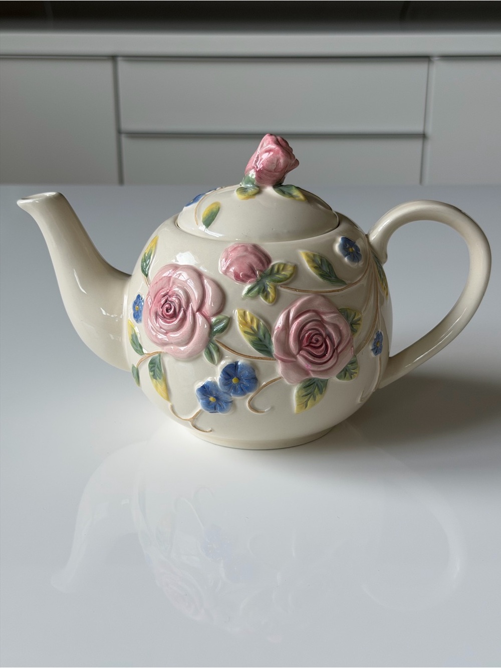 KF Vintage Ivory Glaze Ceramic Teapot - Embossed Pink Roses & Blue Flowers.